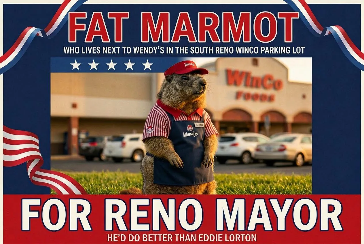 Fat Marmot parody campaign artwork in front of WinCo